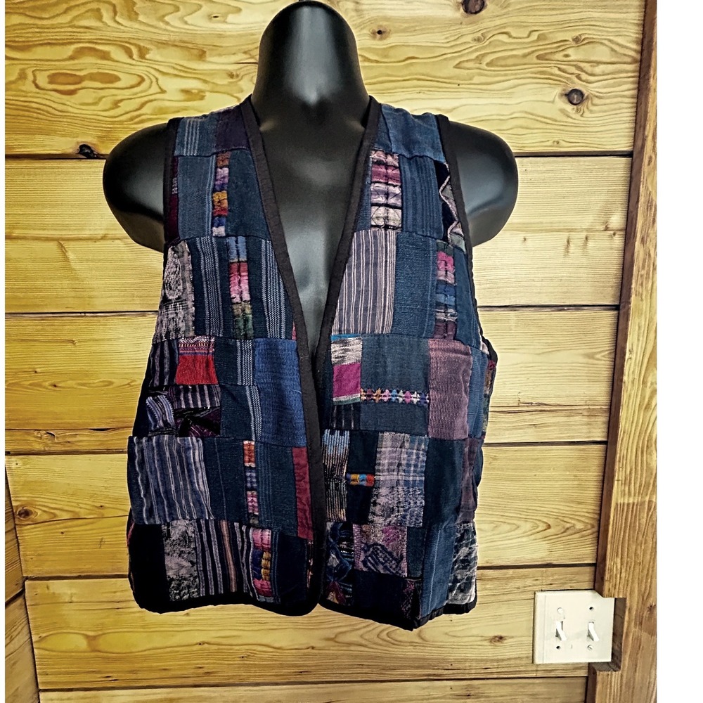 Vintage Artisanal Patchwork Vest Blue Purple Boho Mixed Textile Open Front‎ L/XL